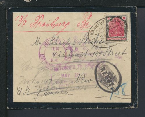 Bahnpost Brief Destination New York USA Deutsches Reich Hessen Frankfurt Basel