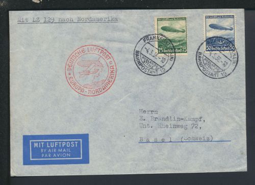 Zeppelin Flugpost LZ 129 Bahnpost Brief Deutsches Reich Hessen Frankfurt Basel
