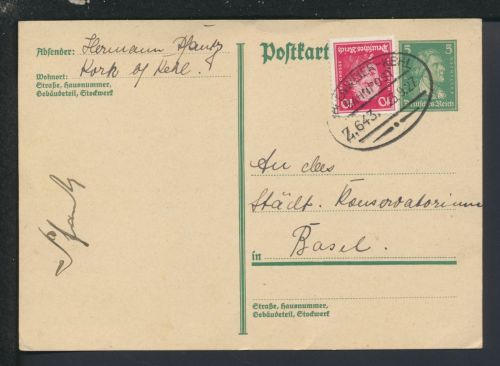 Bahnpost Ganzsache Deutsches Reich Baden-Württemberg Oppenweiler Kehl Zug 643