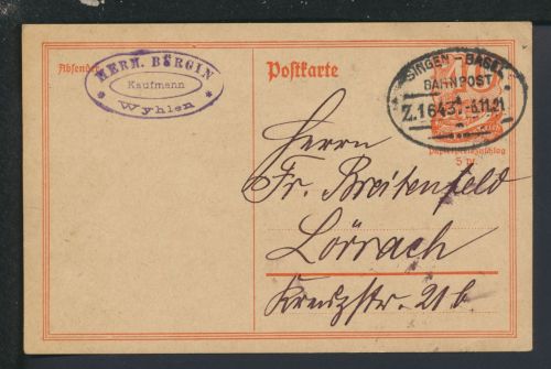 Bahnpost Ganzsache Deutsches Reich Baden-Württemberg Singen Basel Zug 1643