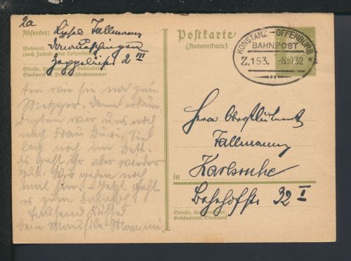 Bahnpost Antwort Ganzsache Deutsches Reich Baden-Württemberg Konstanz Offenburg
