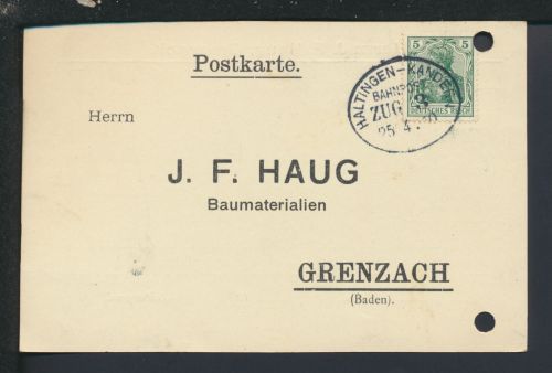 Bahnpost Karte Deutsches Reich Baden-Württemberg Haltingen Kandern Zug 3
