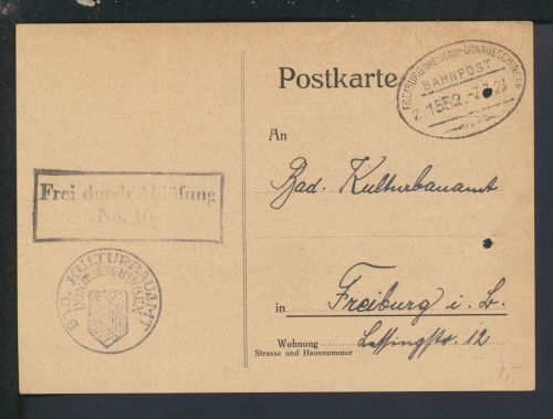 Bahnpost Karte Deutsches Reich Baden-Württemberg Freiburg Donaueschingen Z 1552