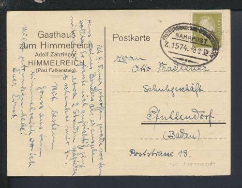 Bahnpost Karte Deutsches Reich Baden-Württemberg Freiburg Donaueschingen Z 1574