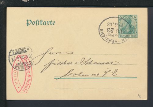 Bahnpost Ganzsache Deutsches Reich NRW Köln Verviers Belgien Zug 23 Colmar
