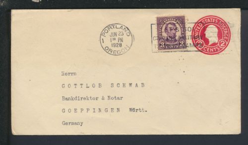 Bahnpost Brief Ganzsache USA Portland Baden-Württemberg Göppingen Zug 17
