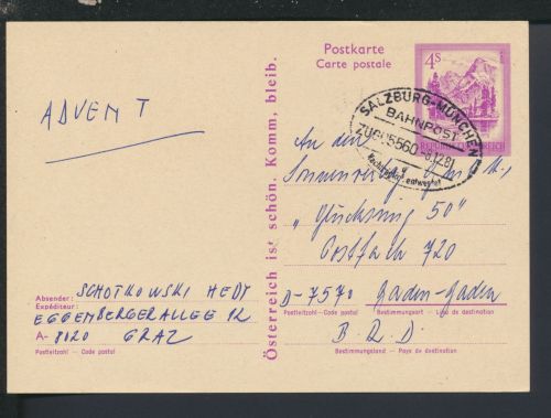 Bahnpost Ganzsache Österreich Salzburg München Bayern Zug 5560 Baden-Baden Graz