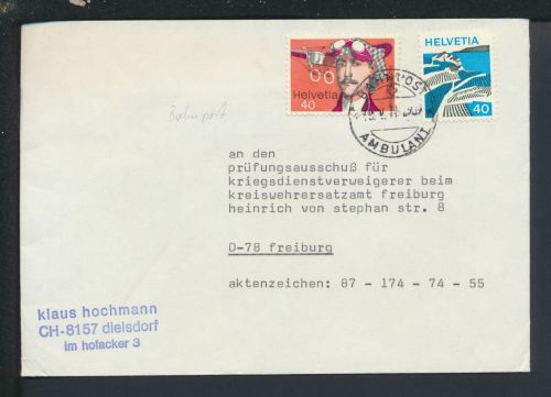 Bahnpost Brief Schweiz Dielsdorf Ambulant Freiburg Baden-Württemberg