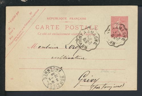 Bahnpost Ganzsache Frankreich Vouzieres Revigny Grivy