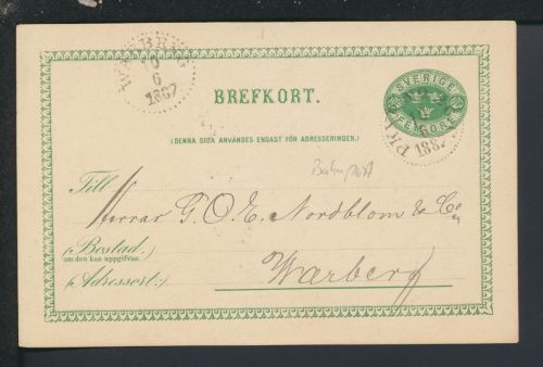 Bahnpost Ganzsache Schweden Warberg 1887