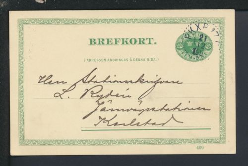 Bahnpost Ganzsache Schweden Stockholm Karlstad 1909