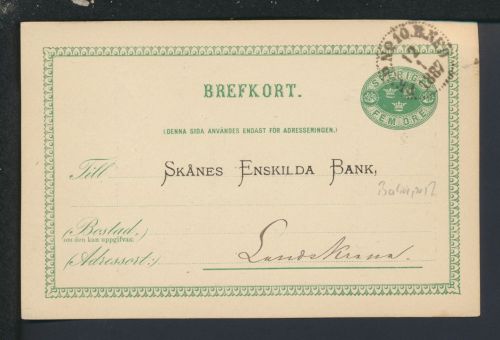 Bahnpost Ganzsache Schweden Christianstad Landskrona 1887