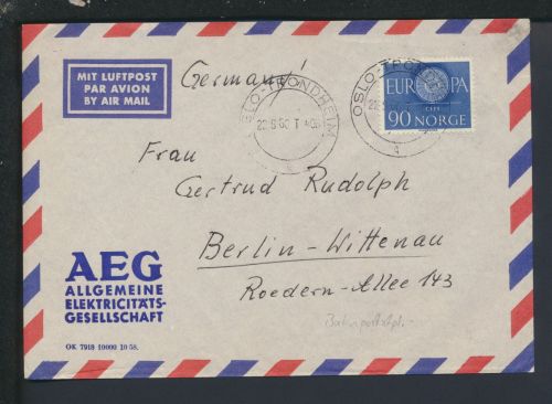 Bahnpost Brief Luftpost Norwegen Oslo Trondheim Zug 406 Berlin