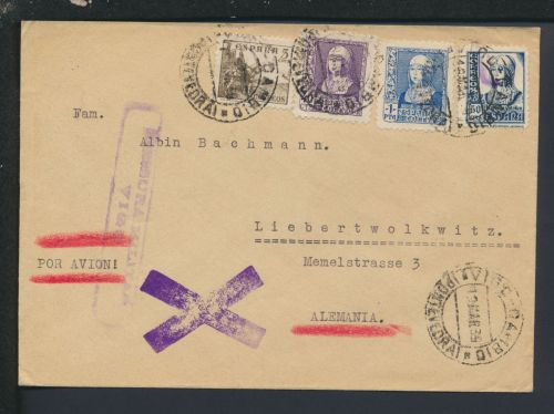 Bahnpost Brief Luftpost Spanien Vigo Pontevedra Liebertwolkwitz Leipzig Sachsen