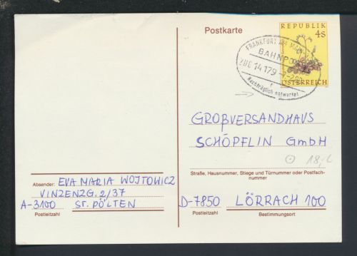 Bahnpost Ganzsache Railway Östereich St Pölten Frankfurt Basel Zug 14179 Lörrach
