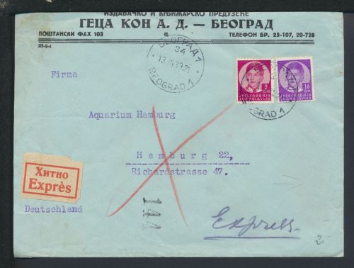 Bahnpost Railway mail Brief Express Jugoslawien Belgrad Hamburg Zug 2
