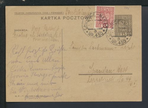 Bahnpost Karte Railway mail Polen Chojnice Nakło Zug 430 Berlin Spandau