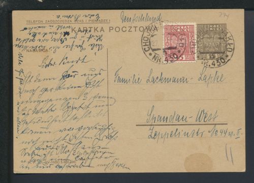 Bahnpost Karte Railway mail Polen Chojnice Nakło Zug 430 Berlin Spandau
