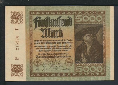 Geldschein Banknote Deutsche Reichsbanknote Reichsbank Infla 5.000 Mark I-II