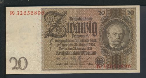 Geldschein Banknote Deutsche Reichsbanknote Reichsbank Infla 20 Mark I-II