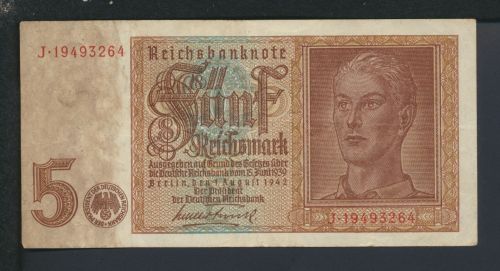 Geldschein Banknote Deutsche Reichsbanknote Reichsbank 5 Reichsmark II-II
