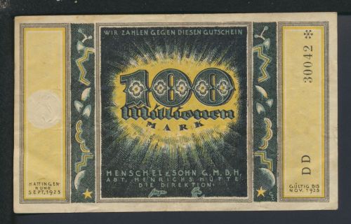 Geldschein Banknote Infla Notgeld Hattingen NRW 100 Millionen II-II Nov. 1923