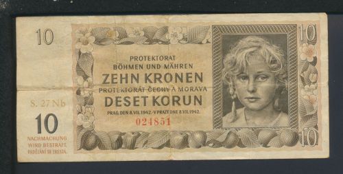Geldschein Banknote Besetzung Böhmen u. Mähren II. Weltkrieg 10 Kronen 8.7.1942 III