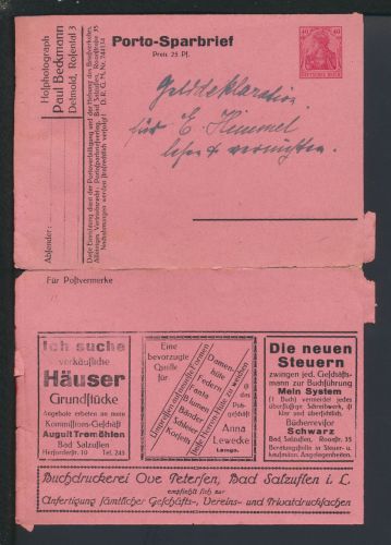 Deutsches Reich Ganzsache Porto Sparbrief Wst 40 Pfg Gemania Reklame oft Bad