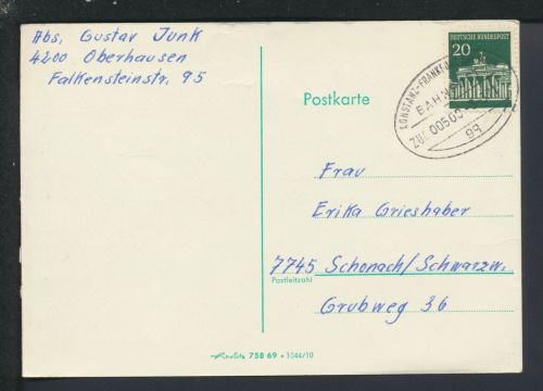 Bahnpost Karte NRW Oberhausen Konstanz Frankfurt Zug 503 Schonach