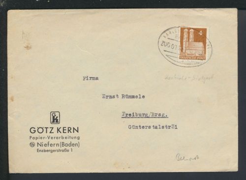 Bizone Bauten Bahnpost Brief Baden-Württemberg Niefern Karlsruhe Stuttgart Zug