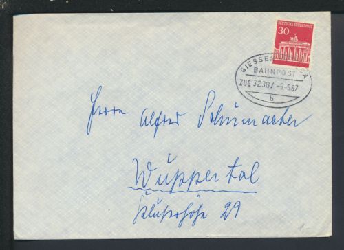 Bahnpost Brief Hessen Giessen Fulda Zug 3238 Wuppertal NRW