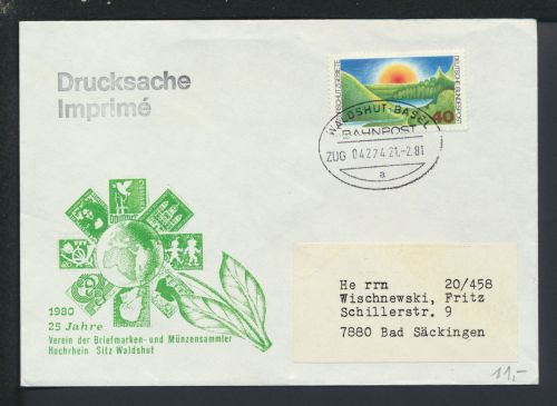Bahnpost Brief Baden-Württemberg Waldshut Basel Zug 4224 Bad Säckingen