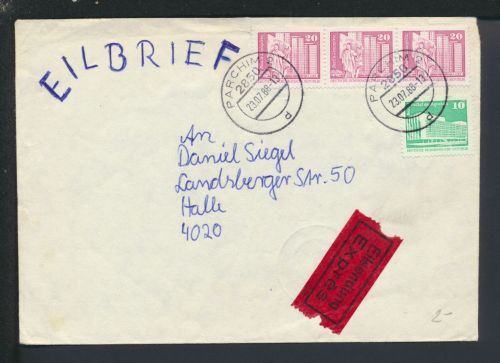 Bahnpost Brief Express DDR MP Parchim Leipzig Rostock Zug 739 Halle