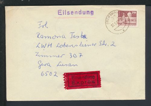 Bahnpost Brief Express DDR MP Greifswald Berlin Stalsund Zug 719 Gera Thüringen
