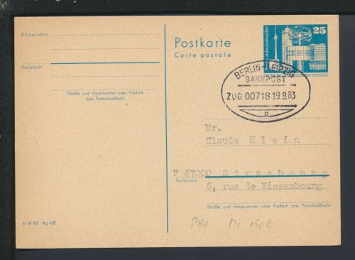 Bahnpost Ganzsache DDR Berlin Leipzig Sachsen Zug 718 Straßburg Frankreich