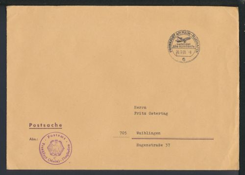 Bundesrepublik Postsache Brief Frankfurt Flughafen nach Waiblingen SST verbindet