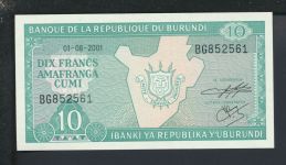 Geldscheine Banknoten Burundi Afrika 10 2001 I. UNC