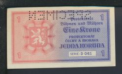 Geldscheine Banknoten Besetzung Böhmen und Mähren 1 Kr Specimen 1 UNC