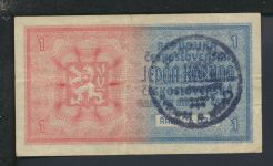 Geldscheine Banknoten Besetzung Böhmen und Mähren 1 Krone III gestempelt