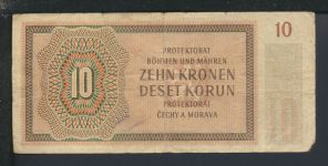 Geldscheine Banknoten Besetzung Böhmen und Mähren 10 Kronen 8.VII.1942 IV
