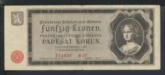 Geldscheine Banknoten Besetzung Böhmen und Mähren 50 Kronen 8.Sept.1940 III