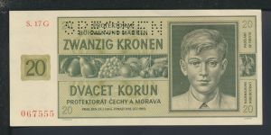 Geldscheine Banknoten Besetzung Böhmen und Mähren 20 Kronen 24.1.1944 Specimen I