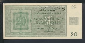 Geldscheine Banknoten Besetzung Böhmen und Mähren 20 Kronen 24.1.1944 Specimen I