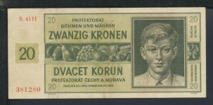 Geldscheine Banknoten Besetzung Böhmen und Mähren 20 Kronen 24.1.1944 II