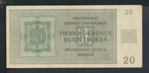 Geldscheine Banknoten Besetzung Böhmen und Mähren 20 Kronen 24.1.1944 II