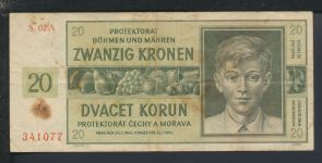 Geldscheine Banknoten Besetzung Böhmen und Mähren 20 Kronen 24.1.1944 IV