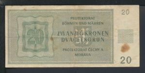 Geldscheine Banknoten Besetzung Böhmen und Mähren 20 Kronen 24.1.1944 IV
