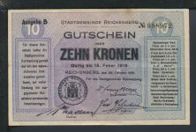 Geldscheine Banknoten Besetzung Böhmen und Mähren Reichenberg 10 Kronen 1918 III