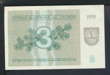 Geldscheine Banknoten Litauen 3 Talonas 1991 I UNC