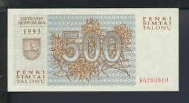 Geldscheine Banknoten Litauen 500 Talonas 1993 I UNC